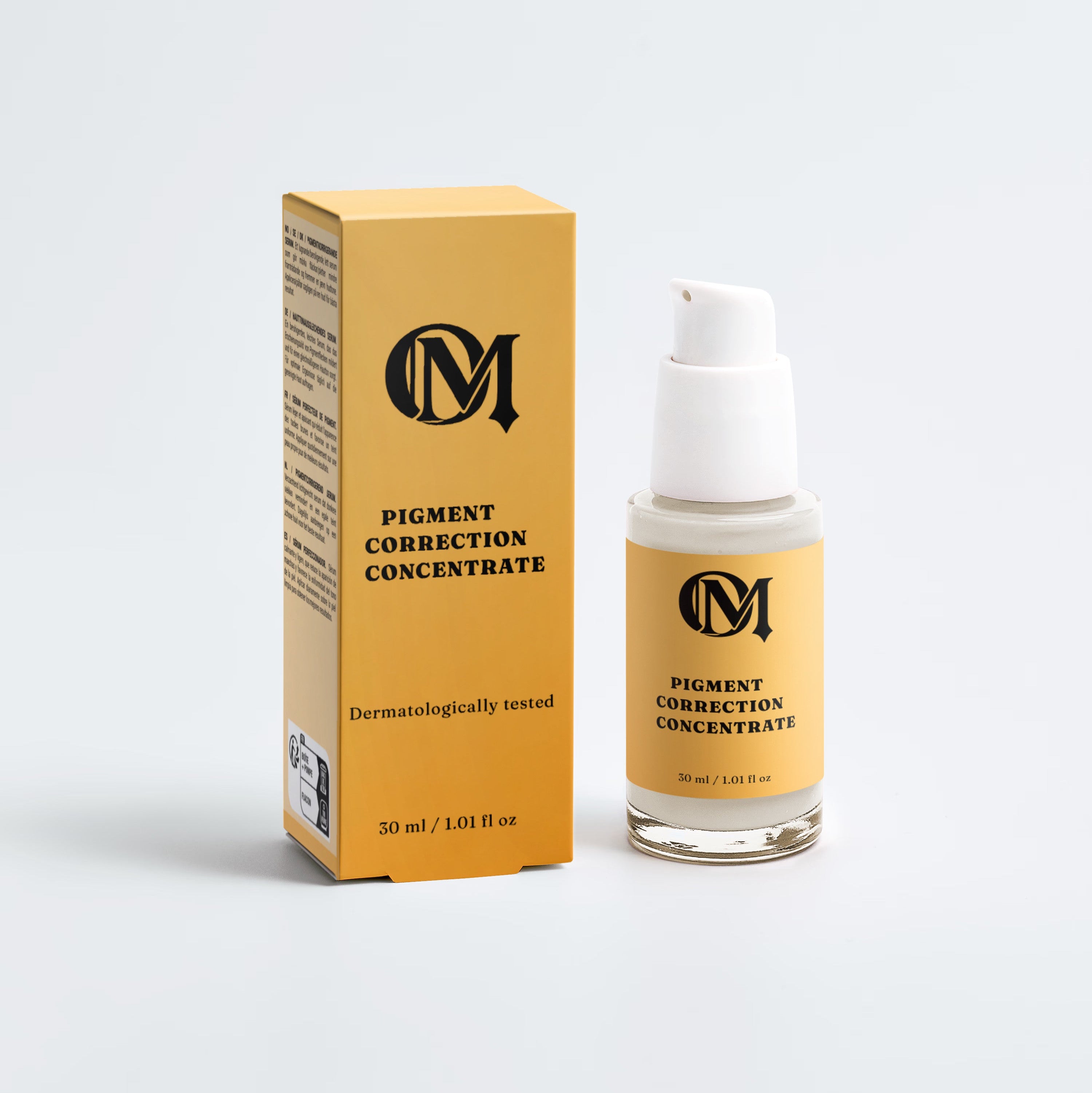 A skincare product set featuring a yellow box and a matching pump bottle labeled 'Pigment Correction Concentrate' with a black monogram logo, set against a clean light gray background.