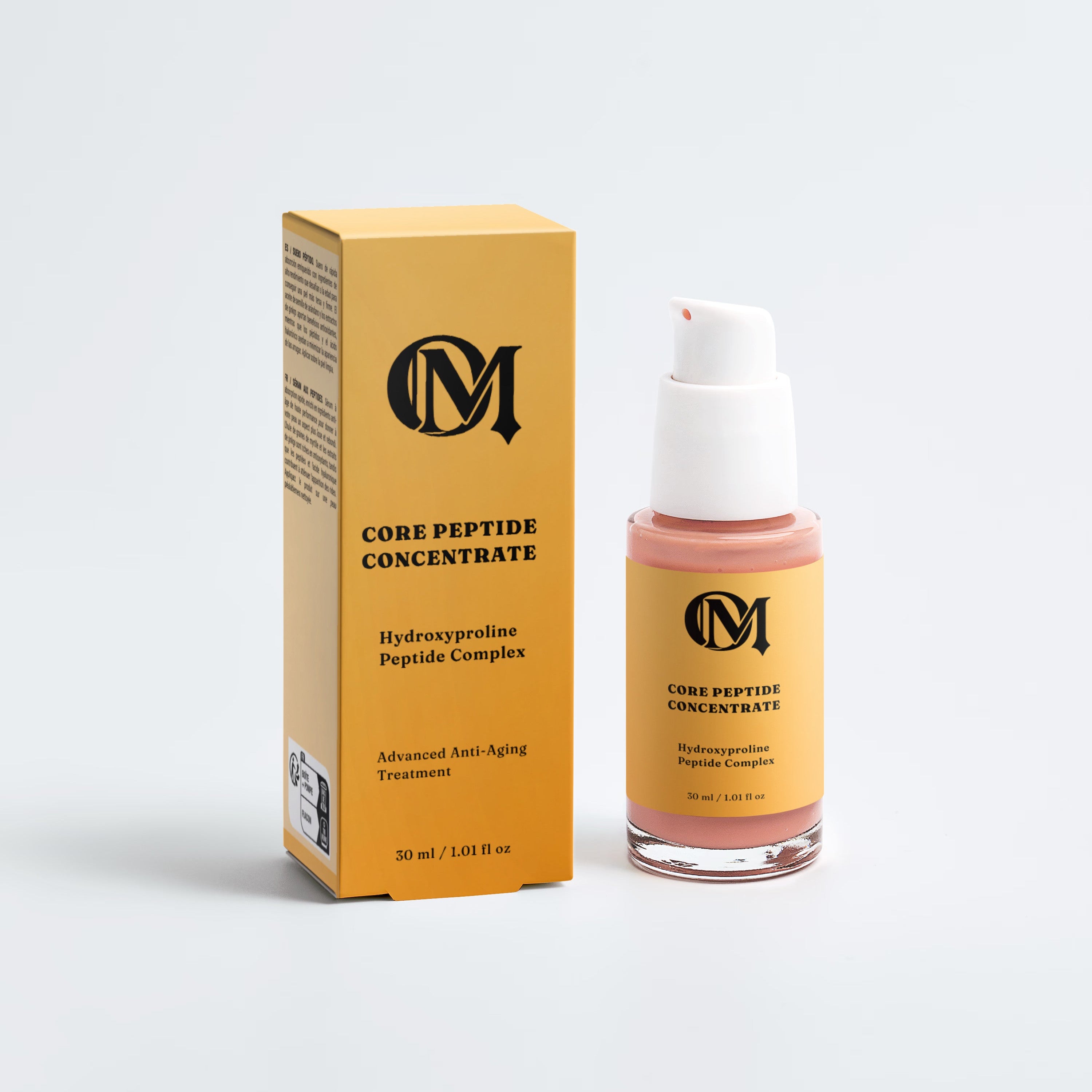 A skincare product set featuring a yellow box and a matching pump bottle labeled 'Pigment Correction Concentrate' with a black monogram logo, set against a clean light gray background.