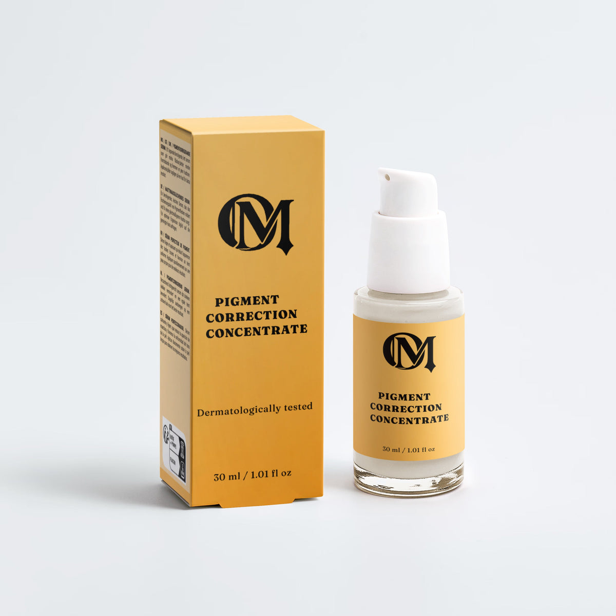 A cosmetic product bottle and its matching box for 'Pigment Correction Concentrate' by the brand 'M', displayed on a clean light gray background.