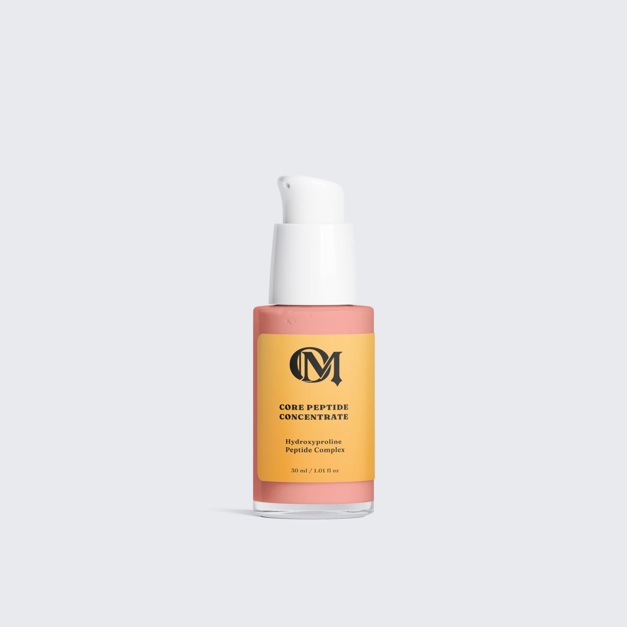Skincare serum bottle with 'peptide' branding on a light gray background