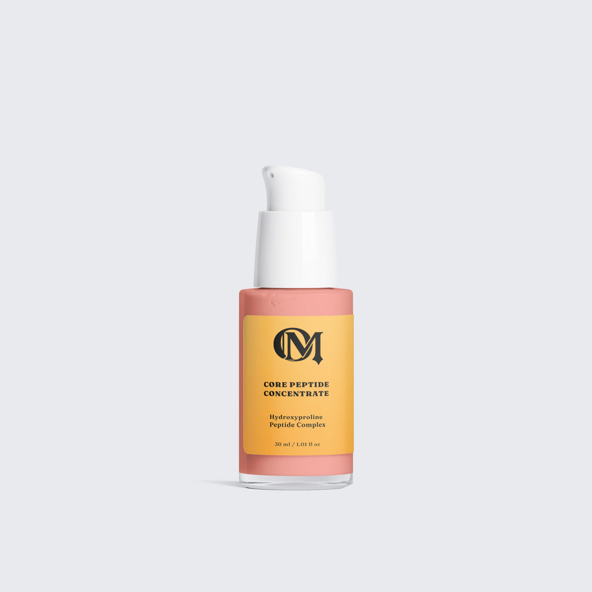 Skincare serum bottle with 'peptide' branding on a light gray background