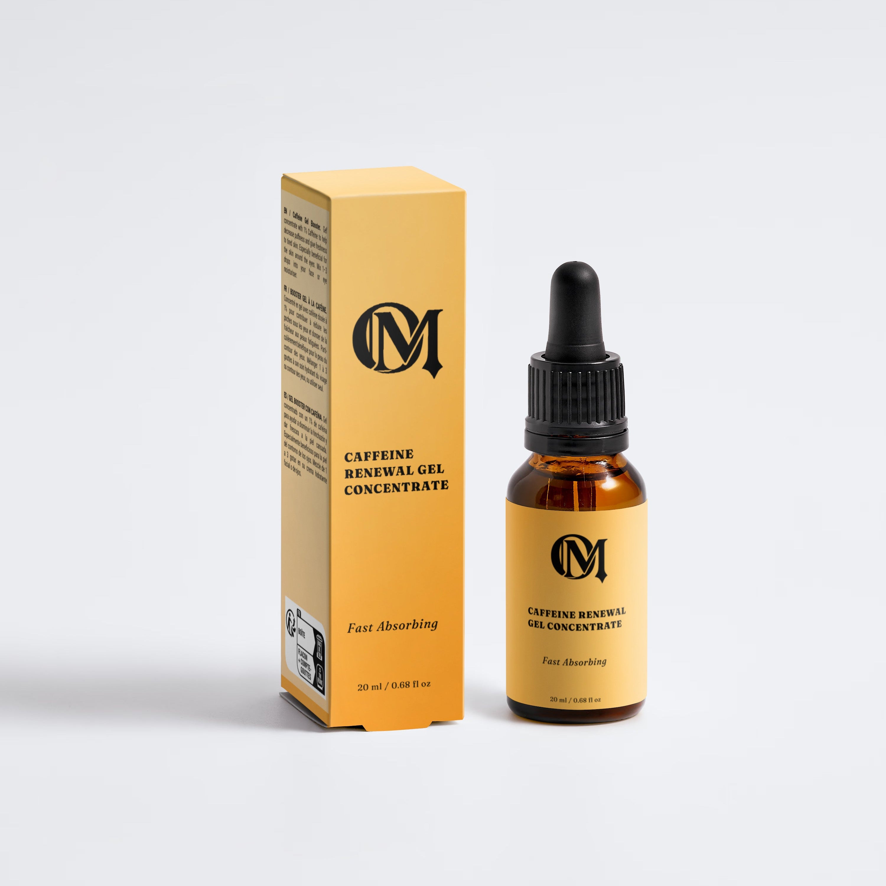 An amber glass dropper bottle and its matching yellow-orange packaging box for under eye gel concentrate, featuring a black dropper cap and a black monogram logo, set against a light gray background.
