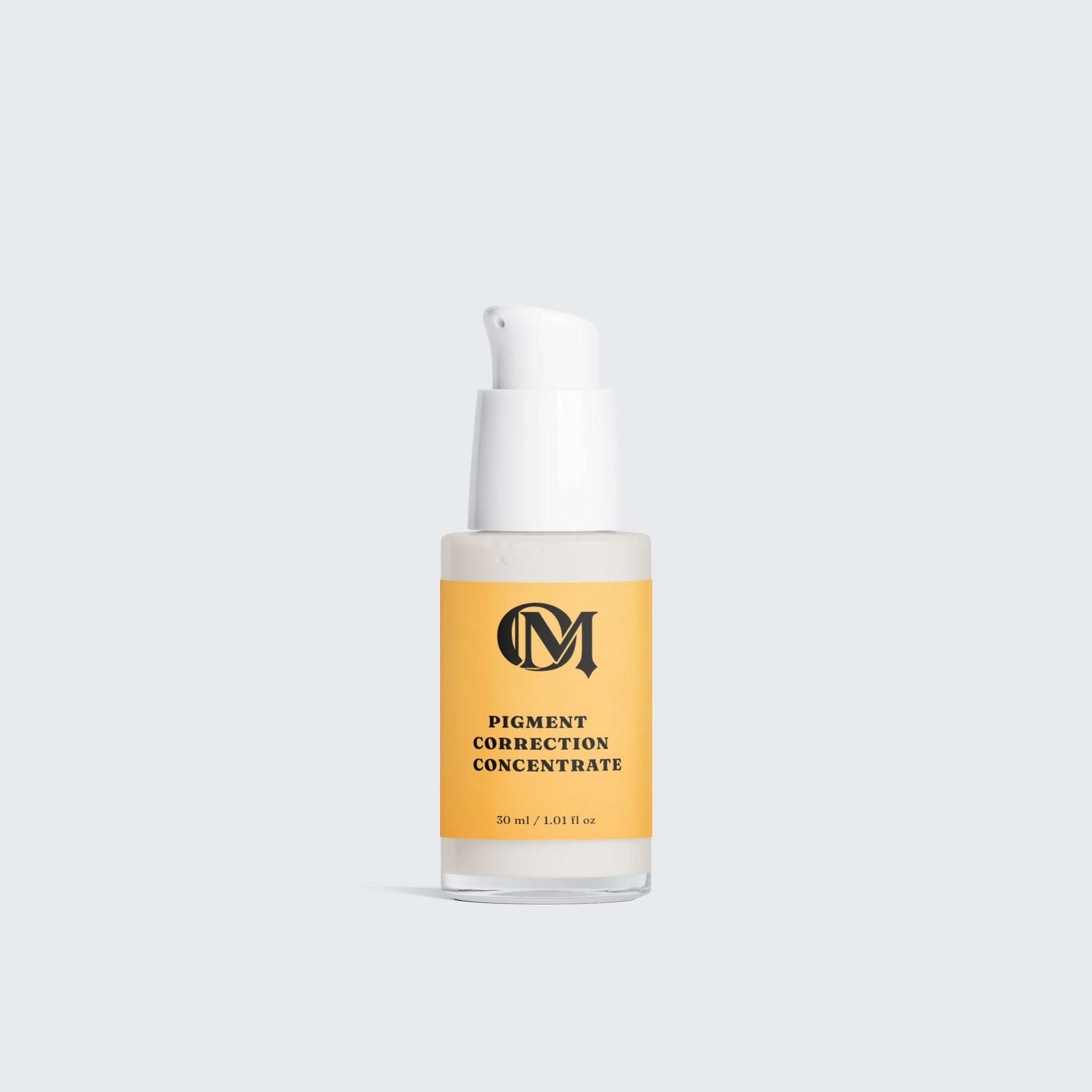 A clear pump bottle of pigment correction concentrate with a white pump and a mustard yellow label, centered on a light gray background.