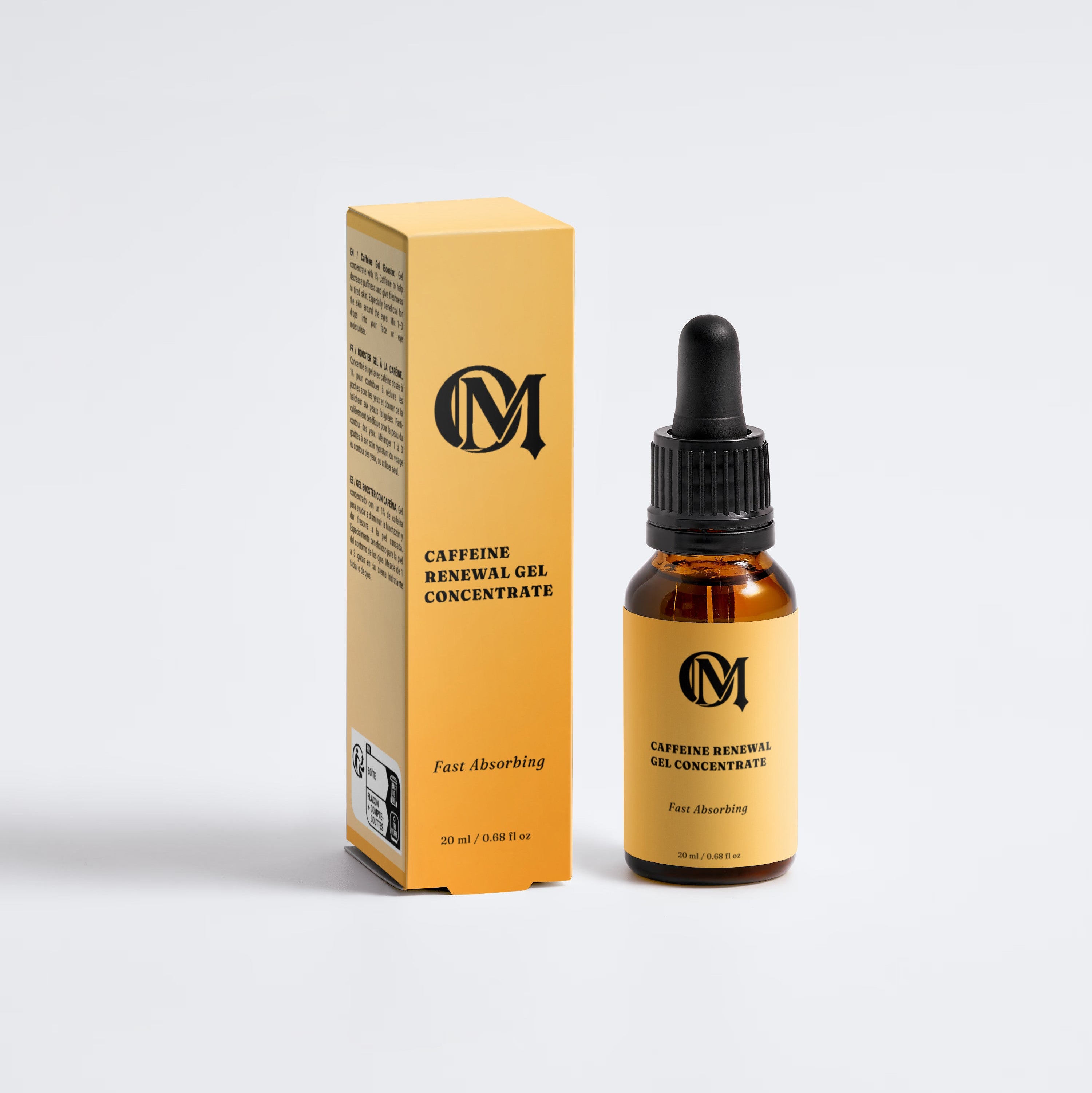 An amber glass dropper bottle and its matching yellow-orange packaging box for a hair growth gel concentrate, featuring a black dropper cap and a black monogram logo.